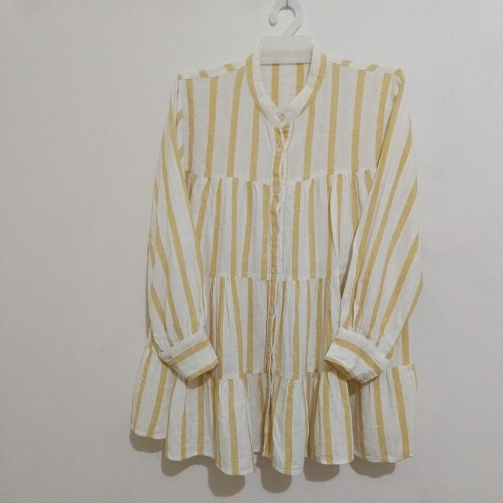 Preloved second baju kemeja atasan blouse tunik wanita lengan panjang oversize motif garis kuning pu