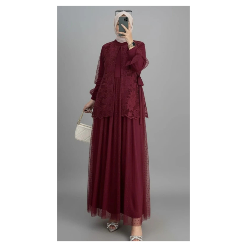 NW - Dress Kondangan Elegan Bahan Velvet mix Tile Dot & Brukat Simple Kekinian Dress Outer Trendy