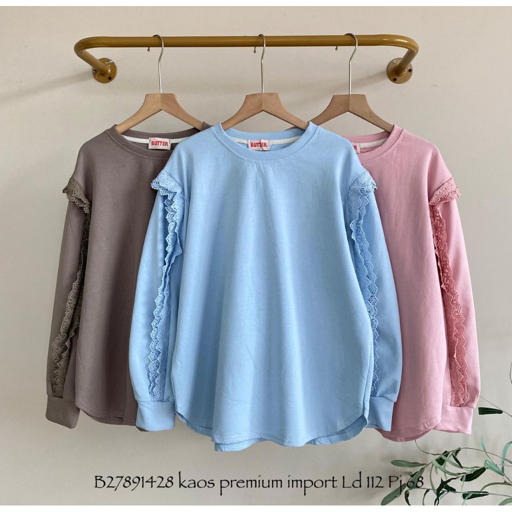 Kaos Premium Import Wanita Lengan Panjang Renda