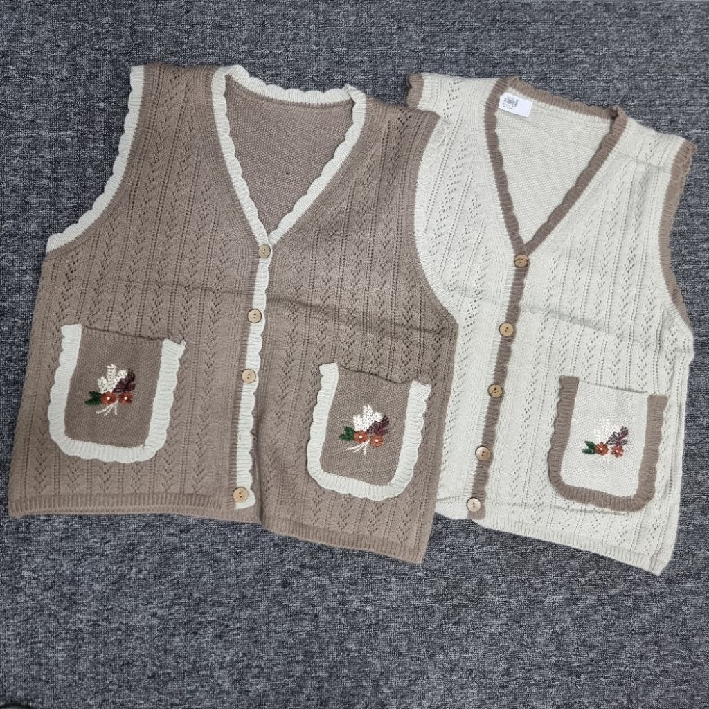 Atasan Wanita Cardigan Rajut Tanpa Lengan Motif Bunga - Outer Knit Vest Korea Style