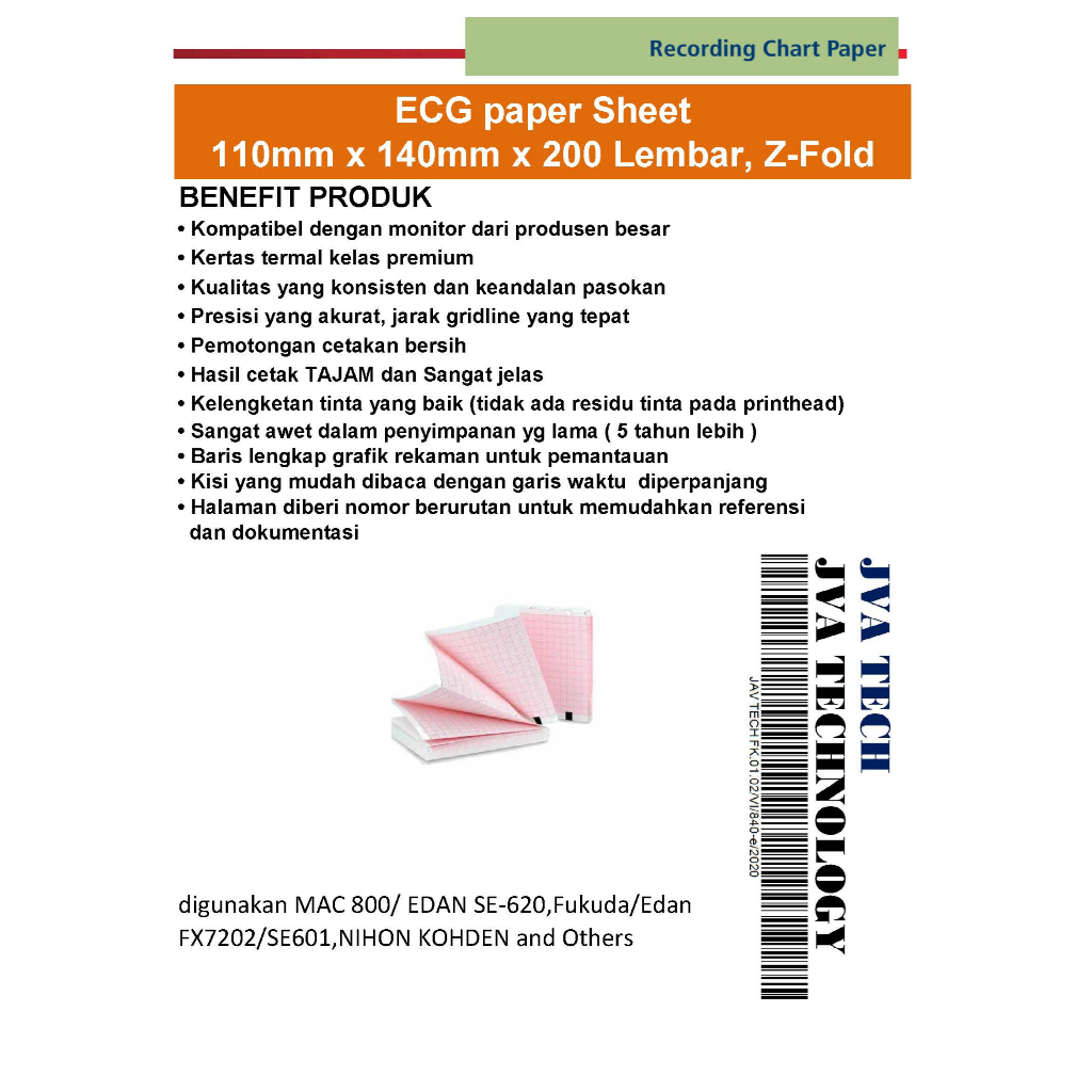 ECG paper Sheet 110mm x 140mm x 200 Lembar, Z-Fold MAC 800 EDAN SE-620,Fukuda Edan FX7202 SE601,NIHO