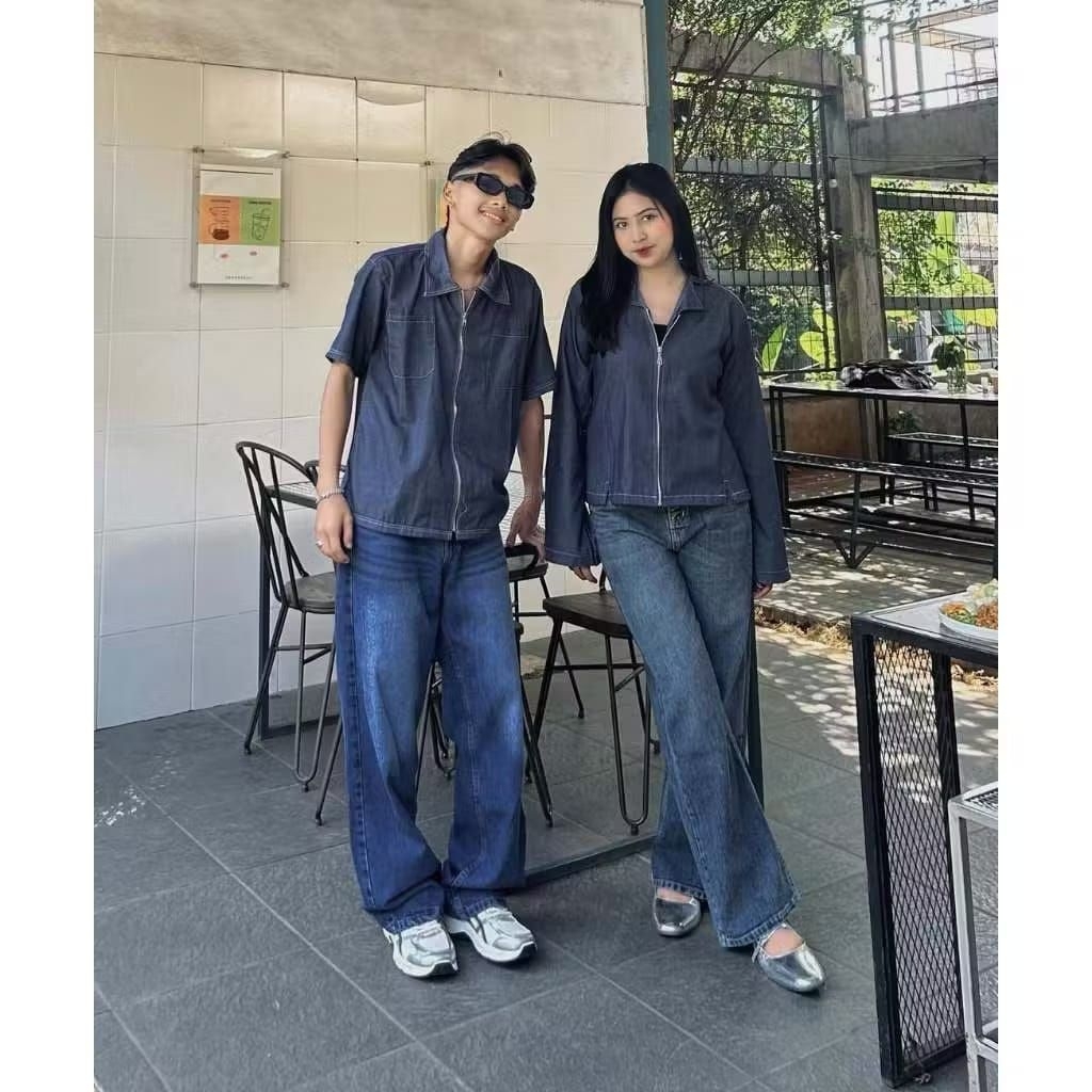 Denim Look Couple - Baju Couple Pria Wanita Denim Set Boxy Fitted Shirt