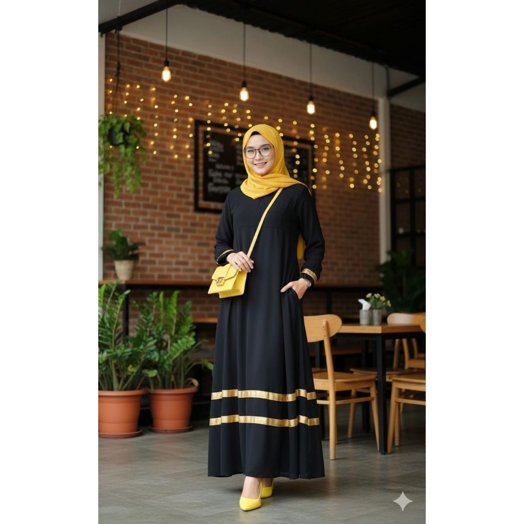 GAMIS HITAM POLOS + PITA EMAS