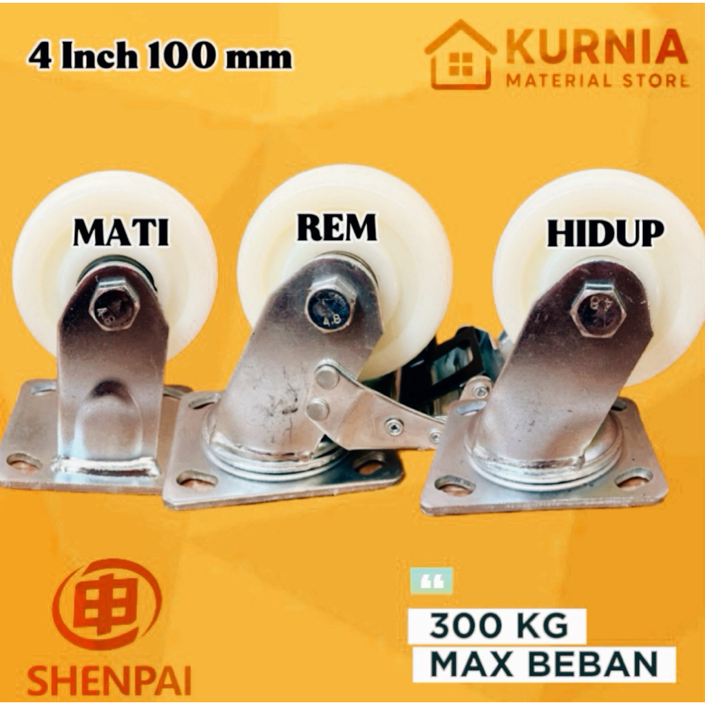 Roda Troli 4 inch 100 mm Nylon High Strength Double Ball Bearing Plate 300 kg Trolley Heavy Duty Cas