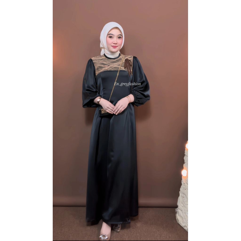 ALUNA DRESS || GAMIS POLOS KOMBINASI MOTIF BROKAT TERBARU