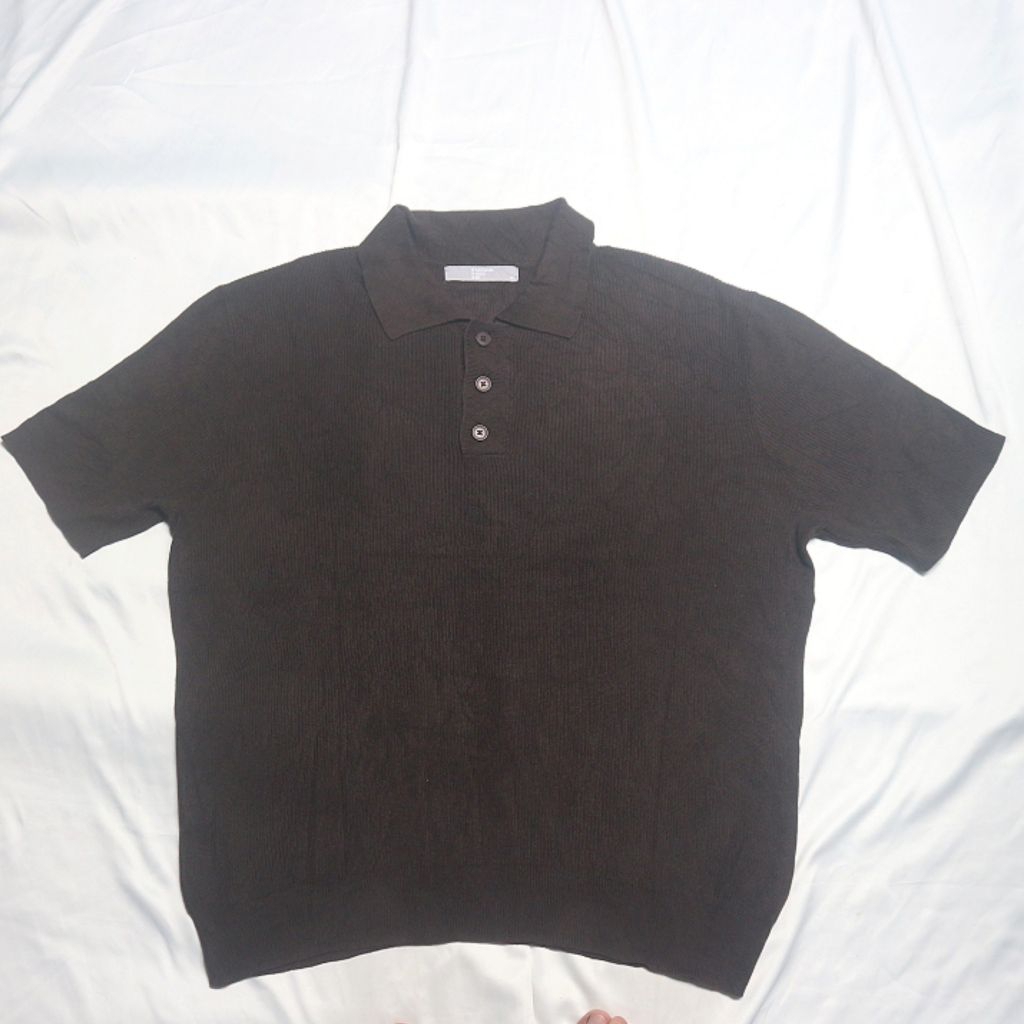 EIGHT SECONDS Half Button Long Polo Shirt Coklat TuaTextured Lidi Korean 8Seconds  Kerah Pendek Knit