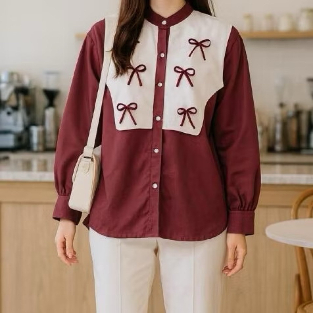 Bianca Blouse Vest Pita Bahan Katun - Atasan Wanita Rompi Kancing Variasi Pita Coquette