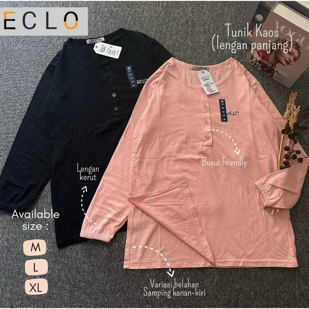 Kaos semi tunik Eclo branded atasan wanita busui lengan panjang Tunic kancing depan cotton combed ha