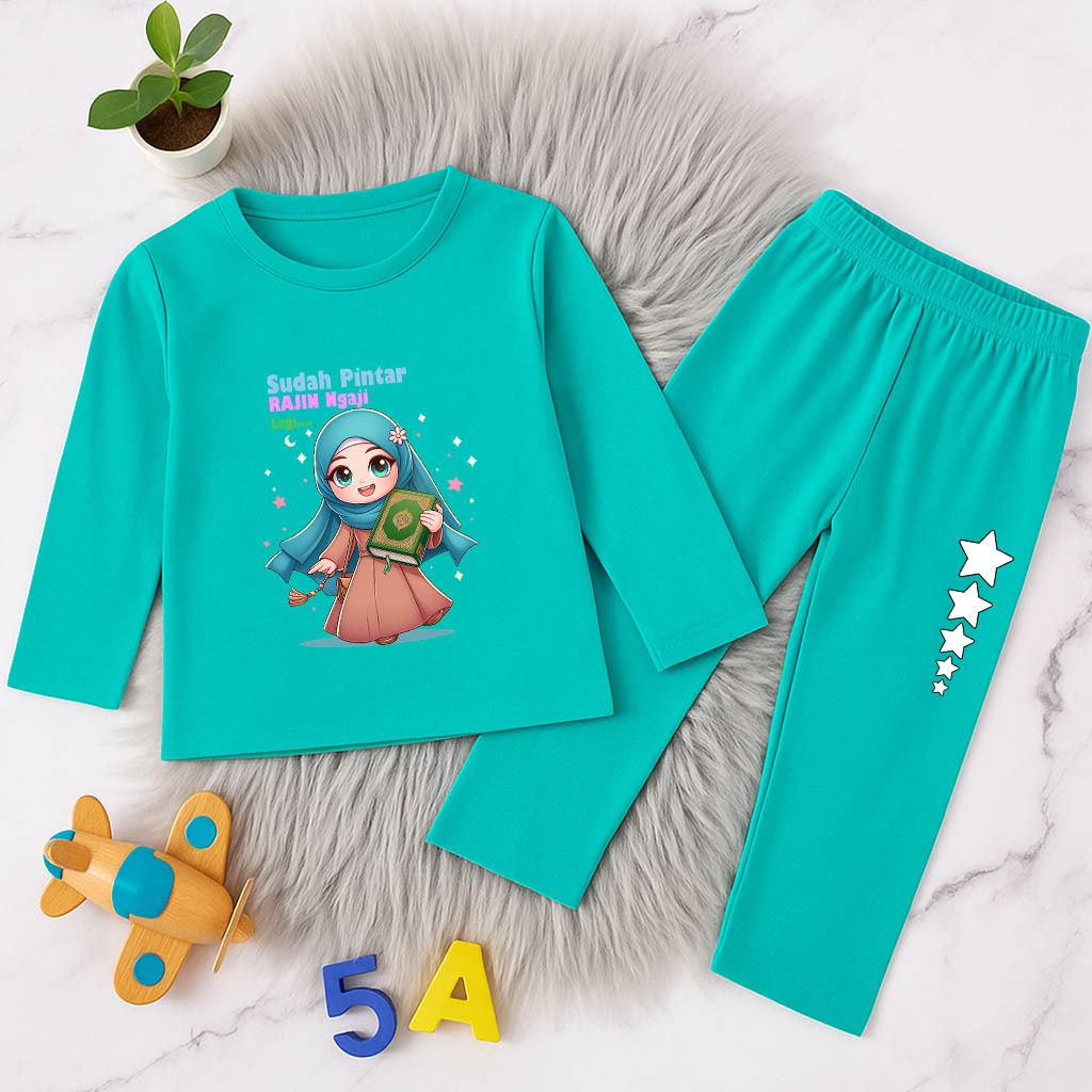 Setelan Baju Anak Perempuan Muslimah Motif kata-kata Sudah Pintar Rajin Ngaji anak Umur 3-10 Tahun