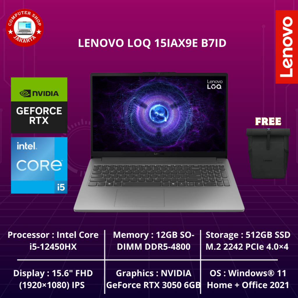 Lenovo LOQ 15IAX9E B7ID – Luna Grey [Intel i5 12450HX-12GB-SSD 512GB-RTX3050-15.6″FHD-W11+OfficeHome