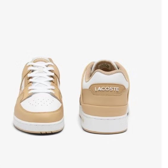 sepatu sneakers kulit Lacoste Men's T-Clip Set berwarna putih dan krem original