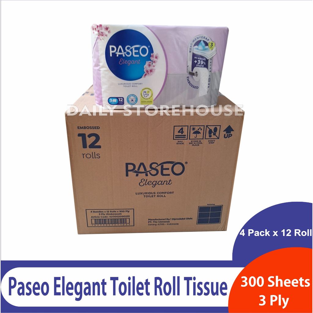 1 Dus Paseo Elegant Tissue Toilet Bathroom Emboss 300 Sheets 3 Ply 12 Roll Isi 4 Pack