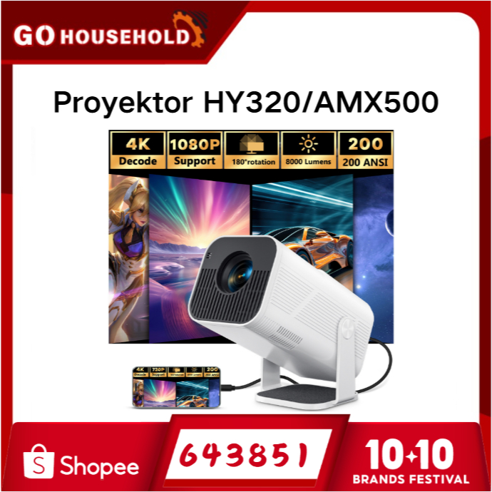 HY320/HY320mini AMX500 Portable Android WiFi Smart Proyektor 390 ANSI Lumens Bioskop Bluetooth