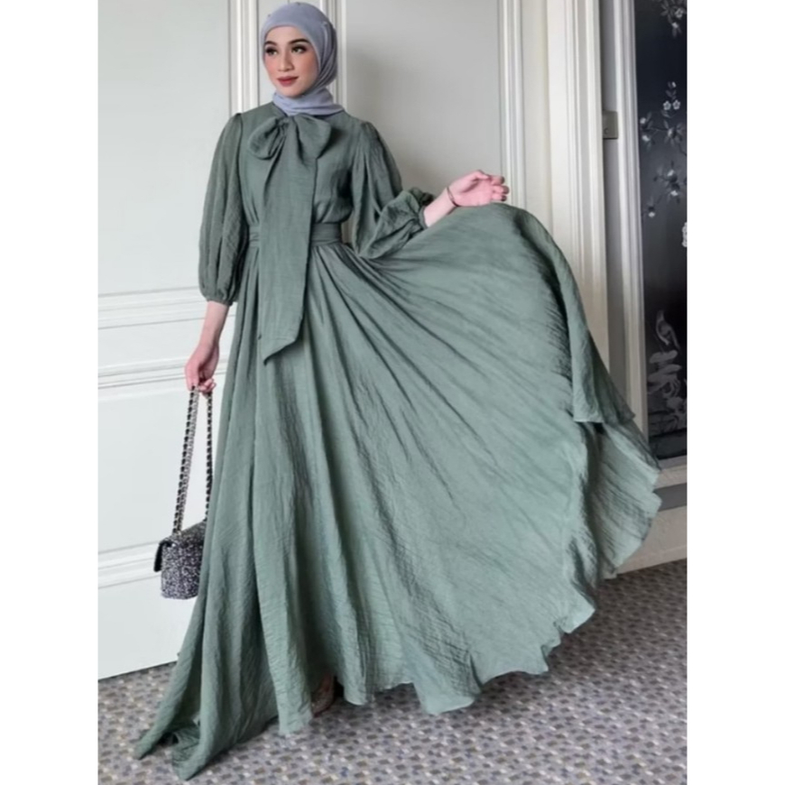 Dress Lebaran 2026 Premium Crinkle Airflow Gamis Gamis Berpita Dan Lengan Balon