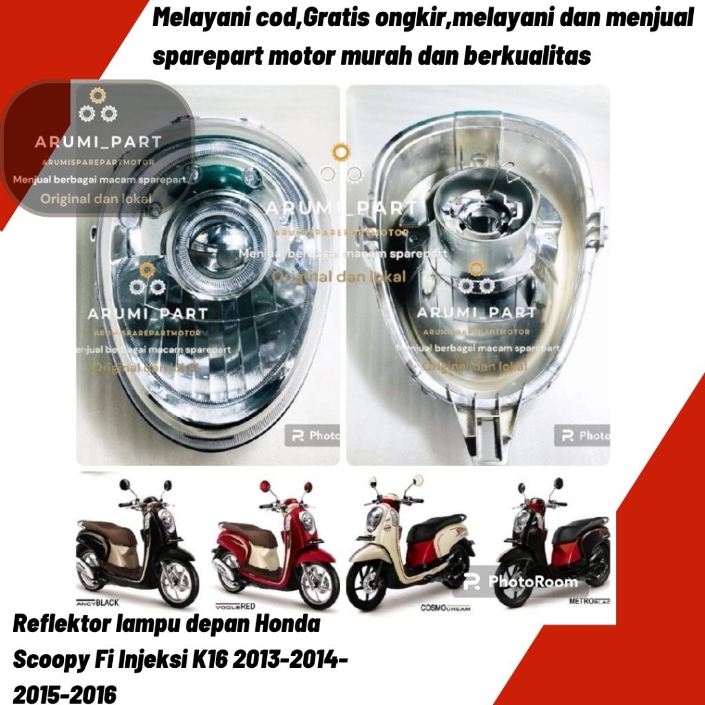 Reflektor + kaca mika lampu depan honda scoopy fi bohlam k16 2013 2014 2015 2016