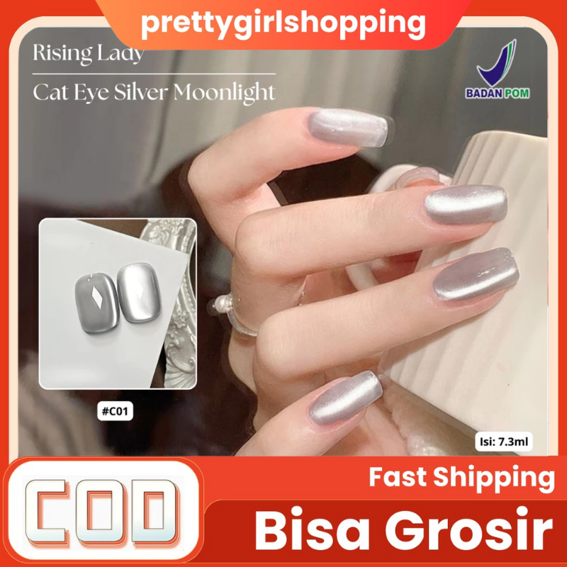 Pretty BPOM Rising Lady 7.3ml Kutek Gel Cat Eye Warna Silver Moonlight/Nail Gel Polish UV LED Small 