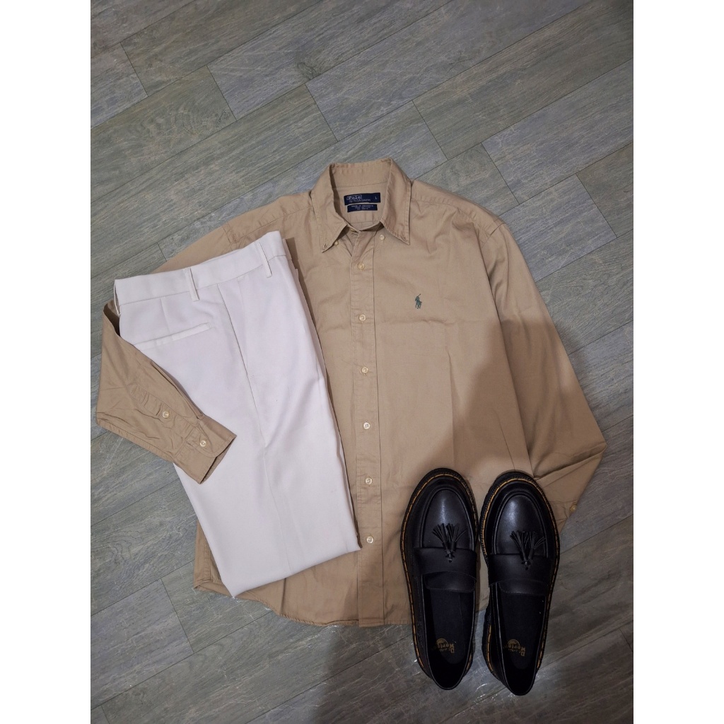 Kemeja Cream Khaki Polo Ralph Lauren Pria Wanita Oxford Cotton Original