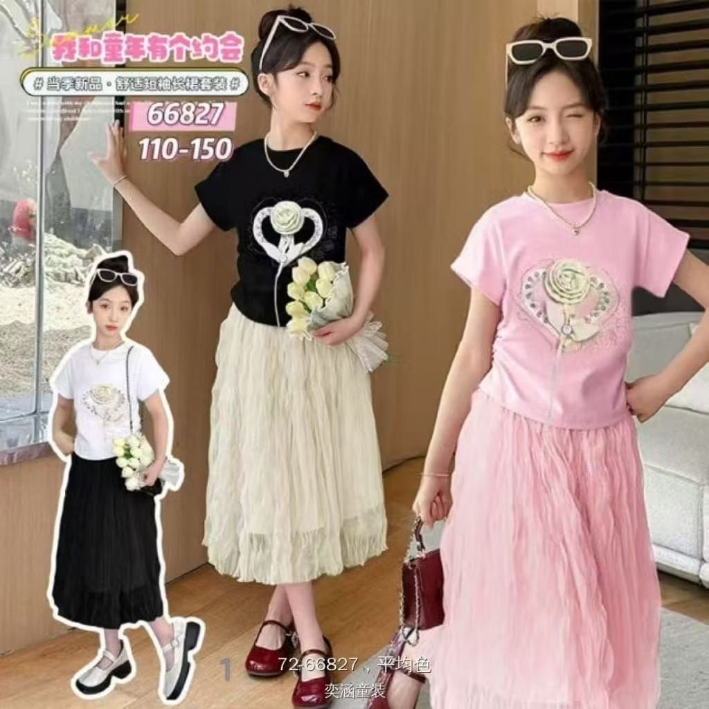 setelan rok tutu anak perempuan setelan kaos serut pita mutiara 3D rok tutu 2 - 10 tahun anak peremp