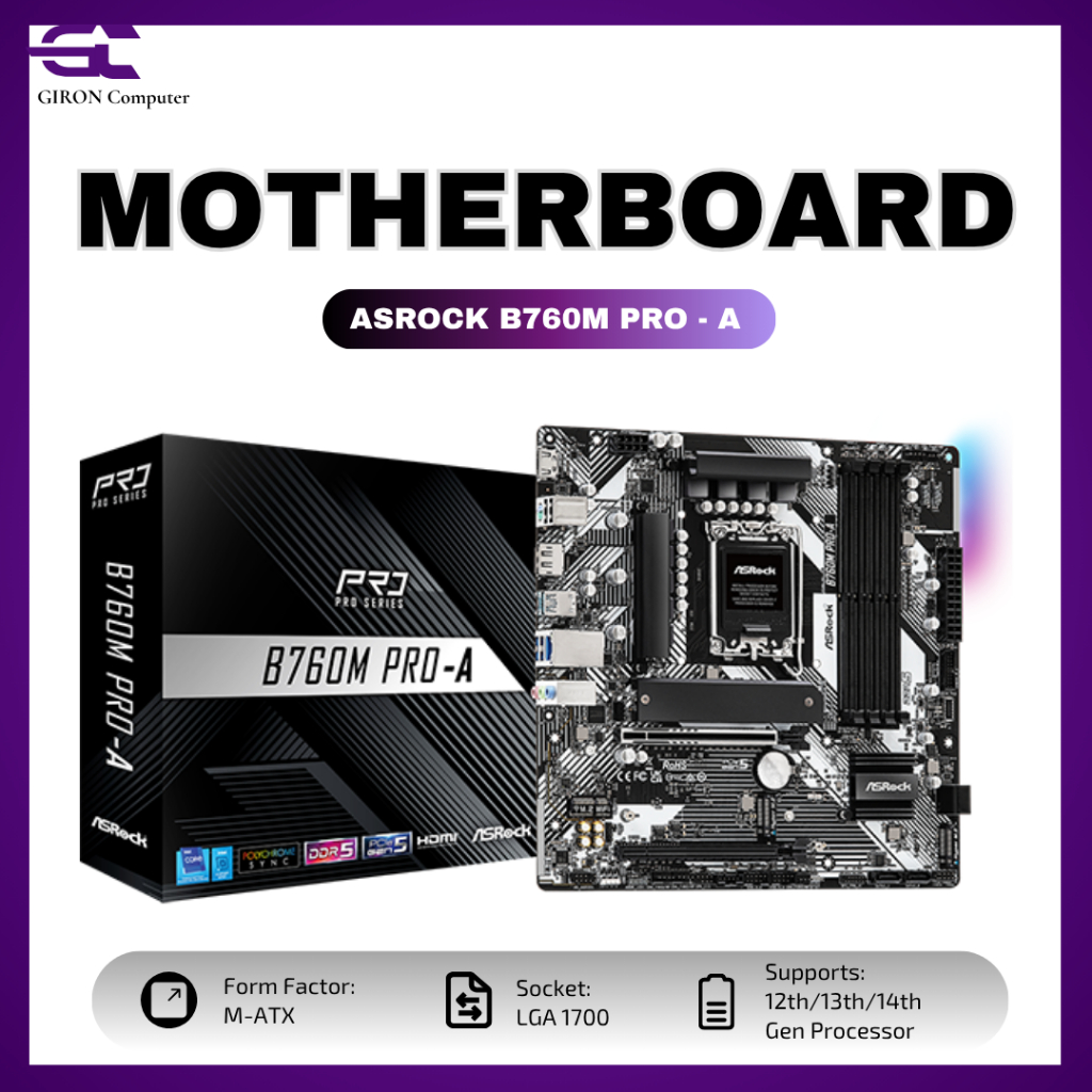 ASRock B760M Pro-A (LGA1700, B760, DDR5, USB3.2 Type-C, SATA3)