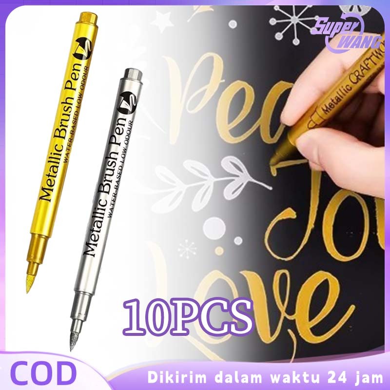 Spidol Tinta Emas Permanen 10pcs Sorotan Metalik Spidol Warna Silver Permanen Cepat Kering Spidol Em