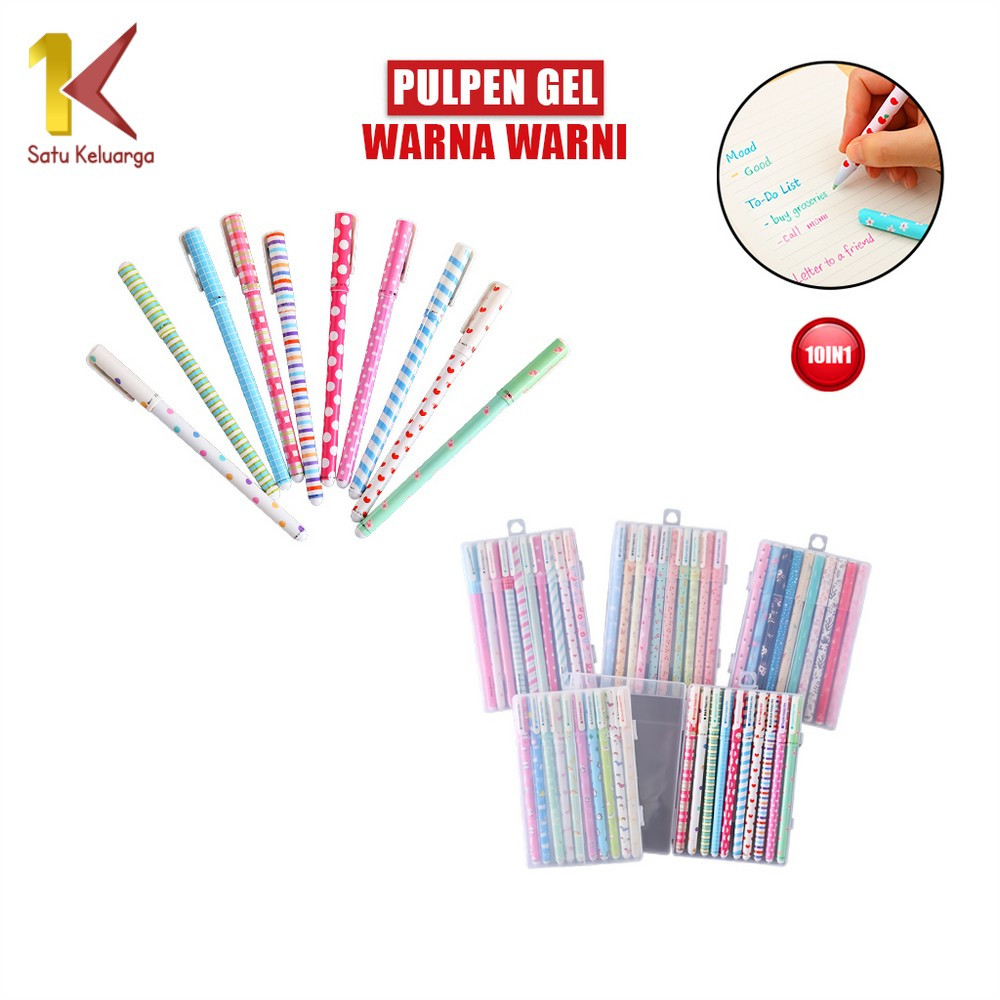 Satu Keluarga Pulpen Gel Set Warna Warni 10IN1 A54 Alat Tulis Sekolah dan Kantor Pena Cair Motif Kar