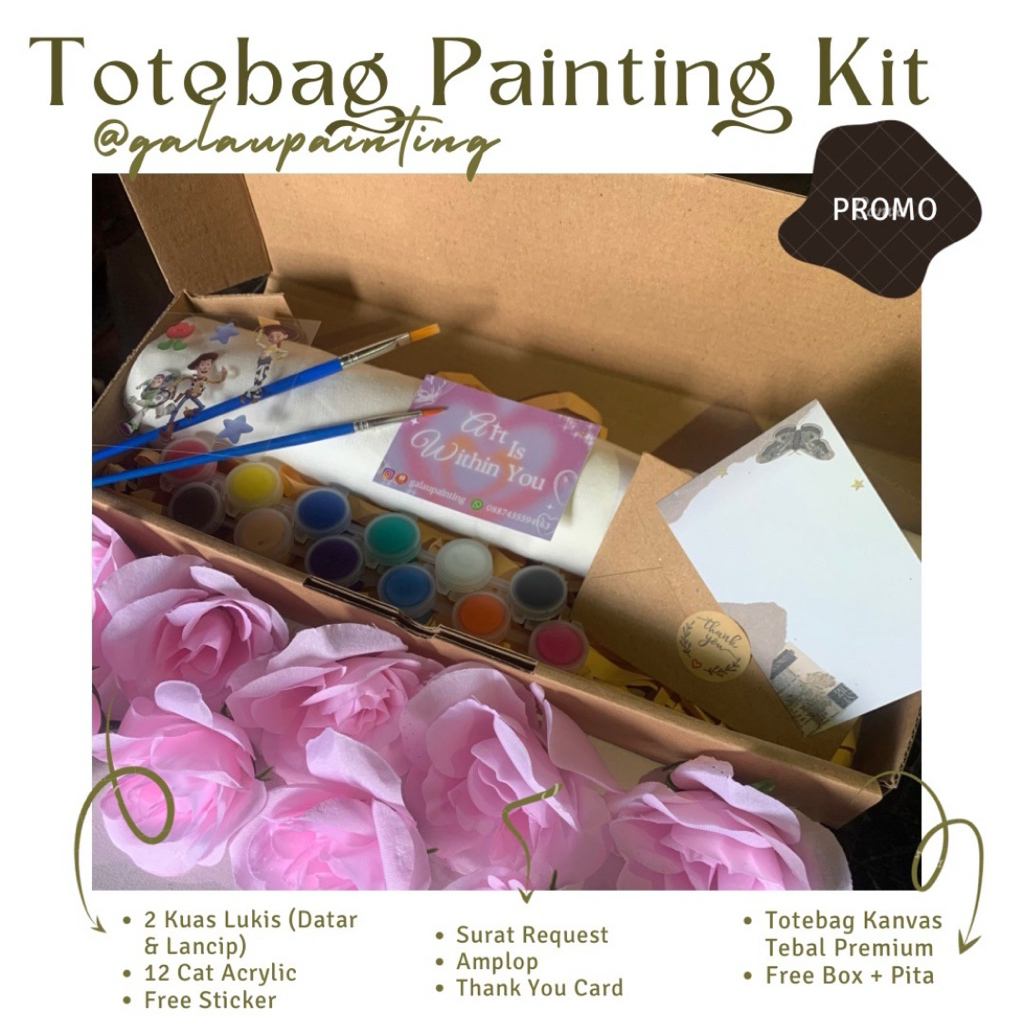 Paket Lukis Totebag Set | Totebag 30x40 cm | Gift Box DIY Hadiah Untuk Pacar Anak Anak | DIY Totebag