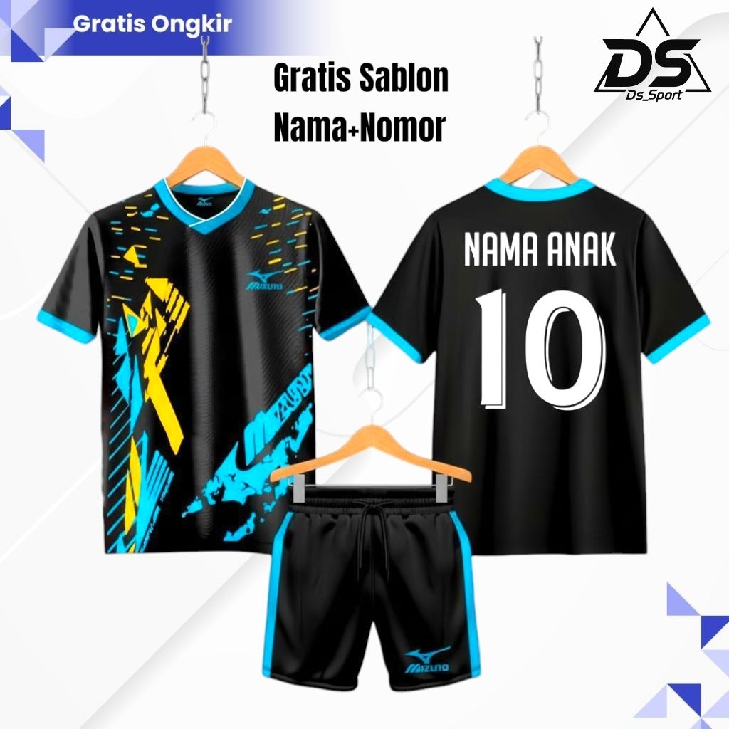MIZUNO-Setelan Baju Olaharaga Anak Unisex Usia 5-14 Thn, Baju Volly Anak Custom Nama+Nomor Termurah