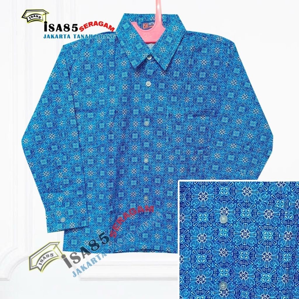 Sekolah Batik Biru Baju Sekolah Kemeja Batik Biru Tangan Pendek Dan Panjang Katun JM Seragam Sekolah
