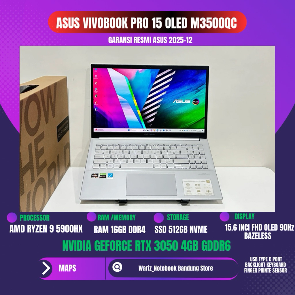 ASUS VIVOBOOK PRO 15 OLED M3500QC RYZEN 9 5900HX NVIDIA RTX 3050 RAM 16GB SSD 512GB