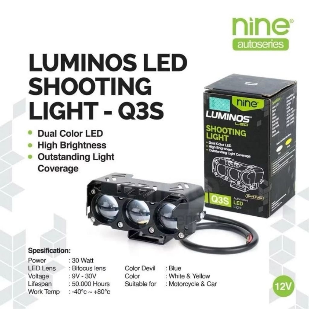 NINE LAMPU TEMBAK 30W Q3S 3 MATA SUPER TERANG PROJECTOR LASER MOTOR MOBIL ORIGINAL LUXIMOS NINE