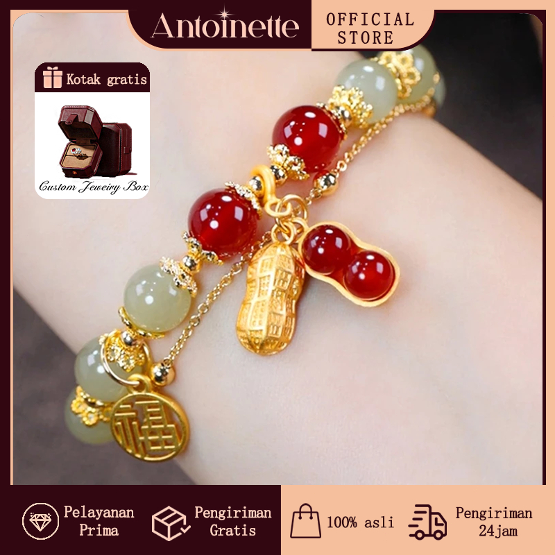 Kotak Gratis COD Gelang yang beruntung Giok Asli Batu Kacang Titanium/Gelang Giok Kacang Wanita Berl