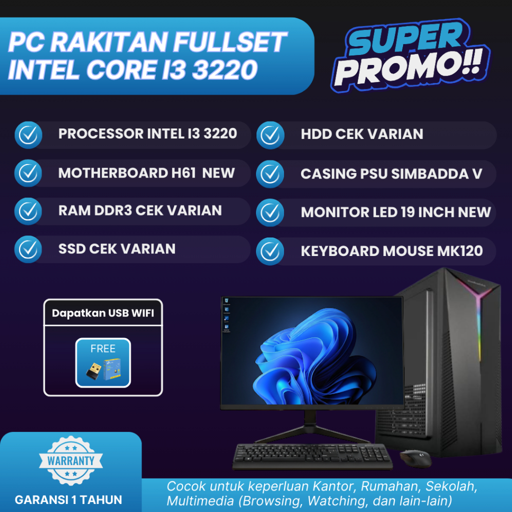 PC Rakitan Fullset Intel Core i3 3220 | RAM DDR3 | SSD/HDD Variasi | Monitor LED 19 Inch + Keyboard 