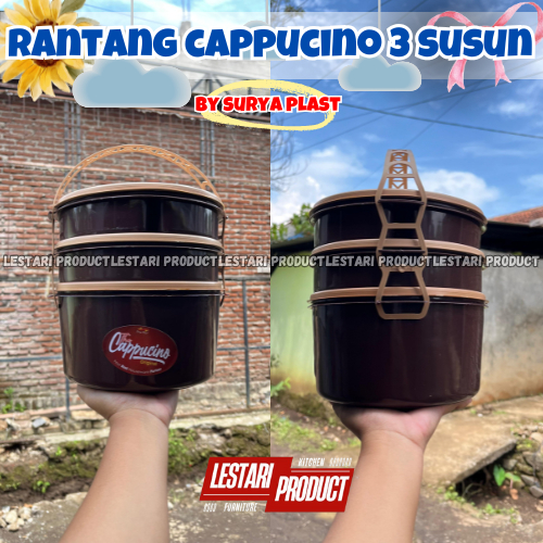 [3 pcs] Rantang Plastik Capuccino 3 Susun 3 Liter 4 Sekat bagian atasnya | Wadah Hajatan | rantang B