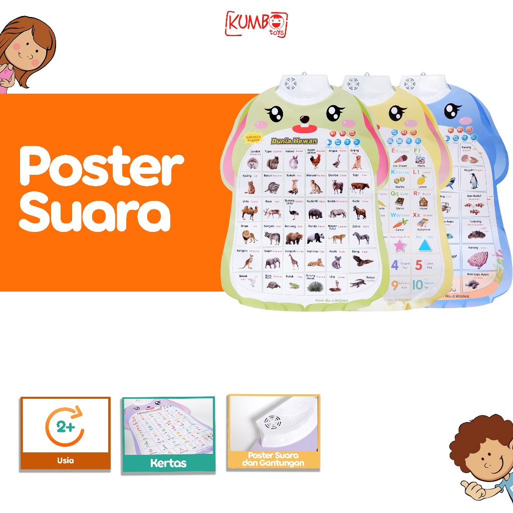 Poster Suara Mainan Edukasi Bahasa Indonesia Inggris Poster Dinding Mengenal Hewan Huruf Abjad Hijai