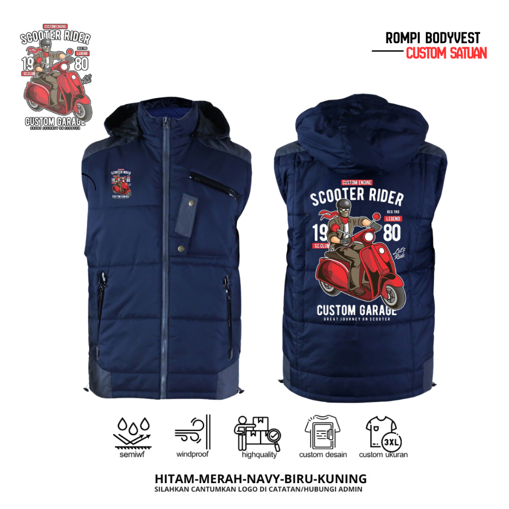Rompi Jaket Custom Garage Vest Motor Windbreaker Unisex Tanpa Lengan Custom Scooter Vespa