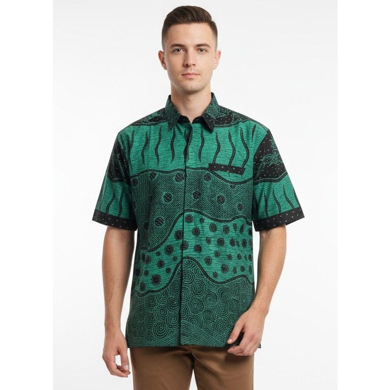 Batik Nulaba - Kemeja Batik Pria Modern Regular fit Katun Lengan Pendek Motif BTG Hijau