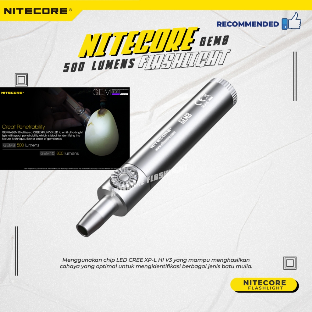 Senter Batu Indentifikasi Mulia Nitecore GEM8 Batu Akik Batu Cincin 500 Lumens Original