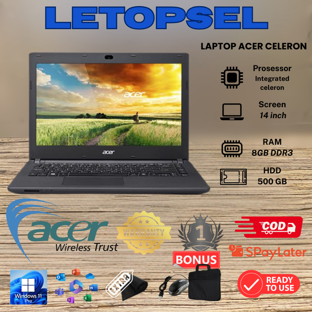 LAPTOP ACER CELERON // 8GB RAM - SSD 512GB//BONUS TAS LAPTOP & MOUSE
