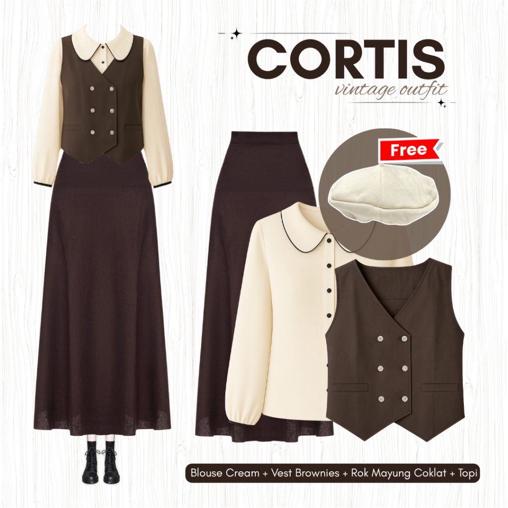 [Hijab Frendly] Cortis Dark Academia Yearbook | Set Blouse + Vest + Rok Mayung + Topi | Chiky081
