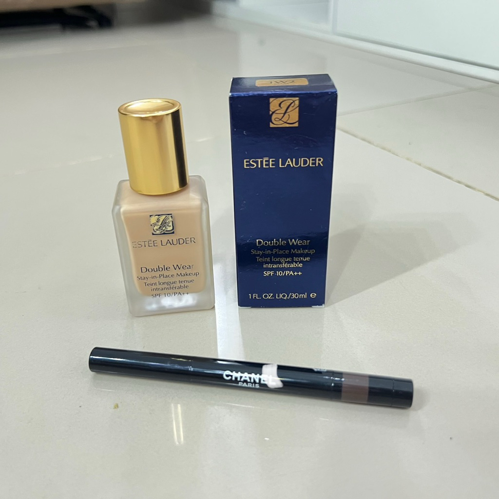 Empty Bottle Estee Lauder Double Wear Foundation 1W2 Sand + Cha-Nel Stylo Ombre Et Contour Eyeshadow