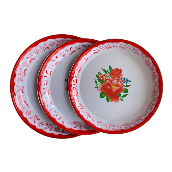 Nampan Enamel Bulat Vintage 35-45cm Bunga / Nampan Jadul Enamel Motif Bunga Retro