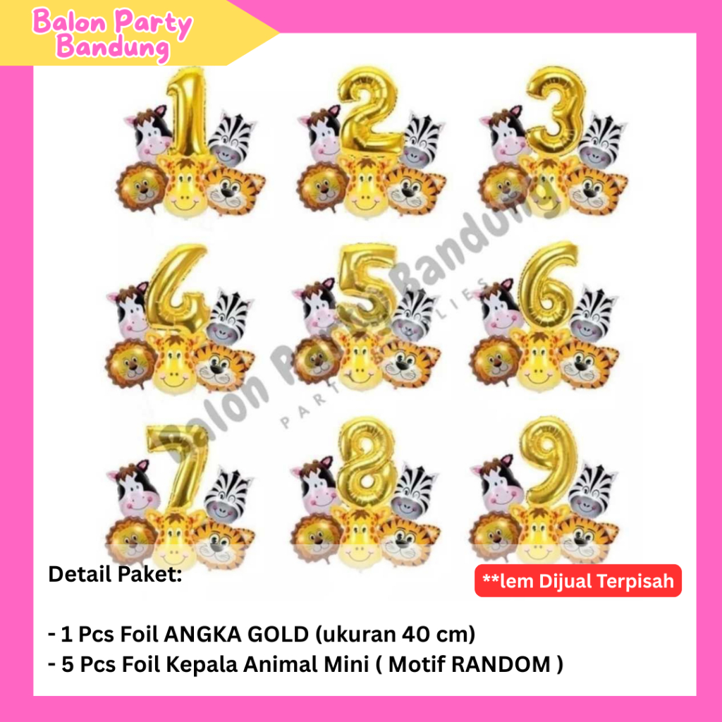 BALON PARTY Paket Animal Mini dengan Angka (AM-01) / Balon Foil Dekorasi Ulang Tahun Hewan / Jungle
