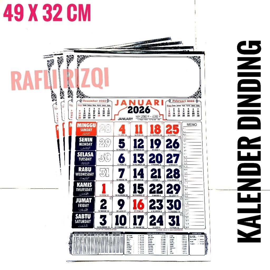 Kalender Dinding 2026 / Kalender / Kalender Bahasa ARAB/CINA Bulanan Pasaran Jawa 12 Lembar