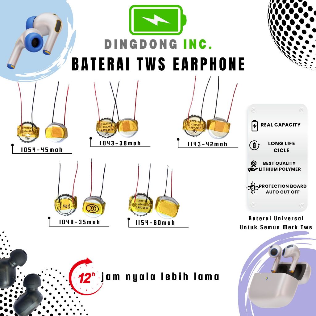 BATERAI TWS LITHIUM POLYMER 1054 1043 1040 1143 1154 BATRE 2 KABEL EARPHONE TWS BLUETOOTH KAPASITAS 