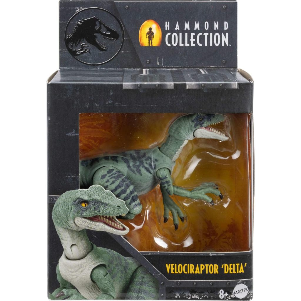 Mattel Jurassic World Hammond Collection Dinosaur Toy, Velociraptor Delta Action Figure with Glass