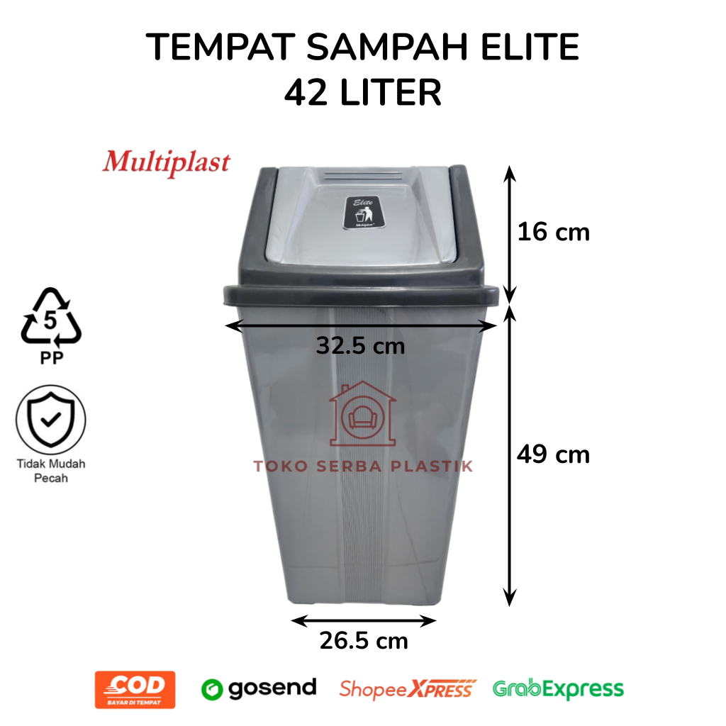 / Tempat Sampah Elite 42 Liter Tutup Goyang / Tempat Sampah Plastik Besar 42L + Tutup