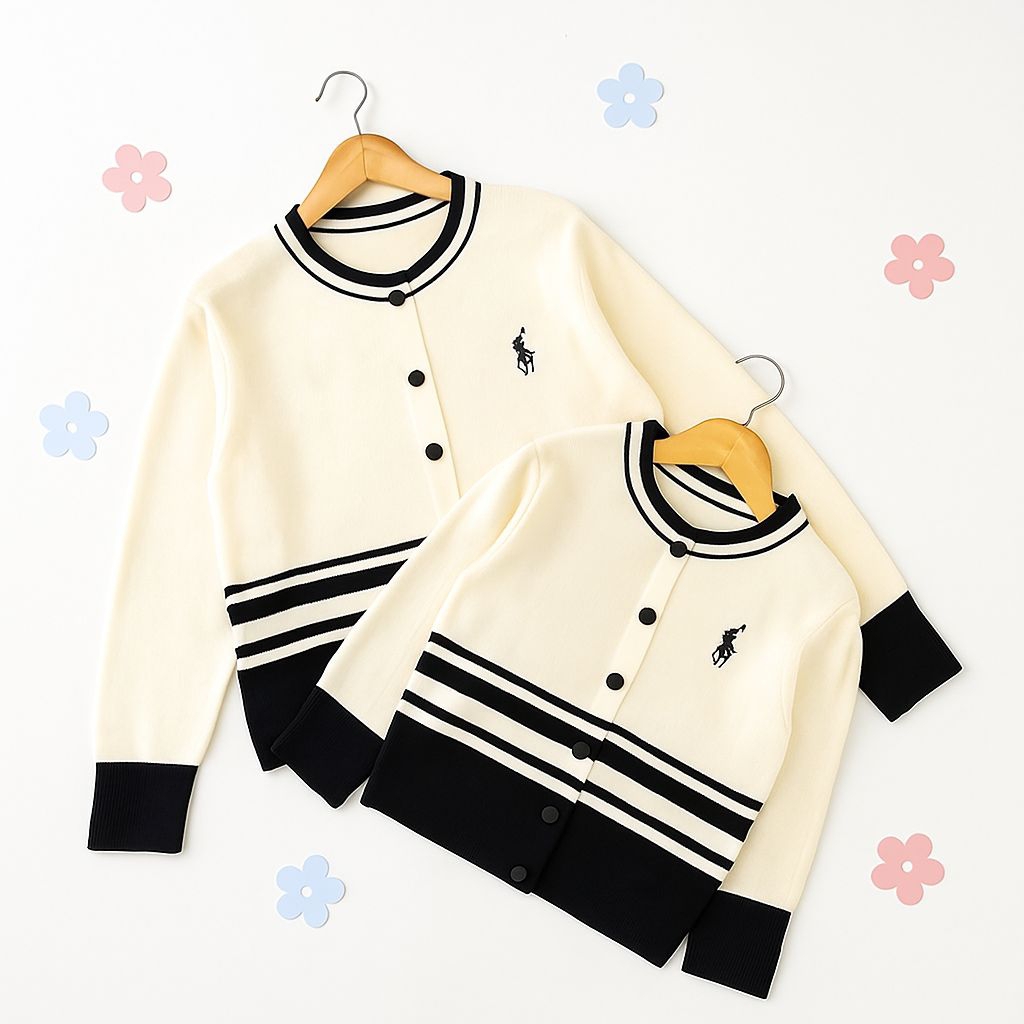 Cardigan Polo Salur Couple Ibu dan Anak Perempuan Sweater Atasan Wanita Keluarga