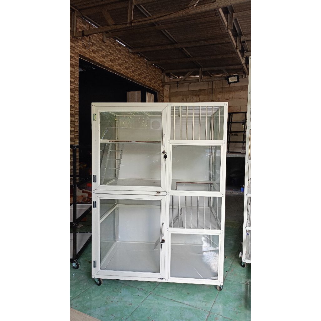 kandang kucing alumunium putih full kaca ukuran P90 L60 T 120