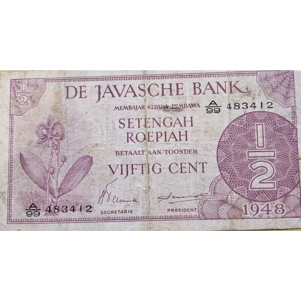 Uang Kuno Negara Indonesia Series Federal 1/2 Gulden Tahun 1948 Kondisi AXF Dijamin Original 100%