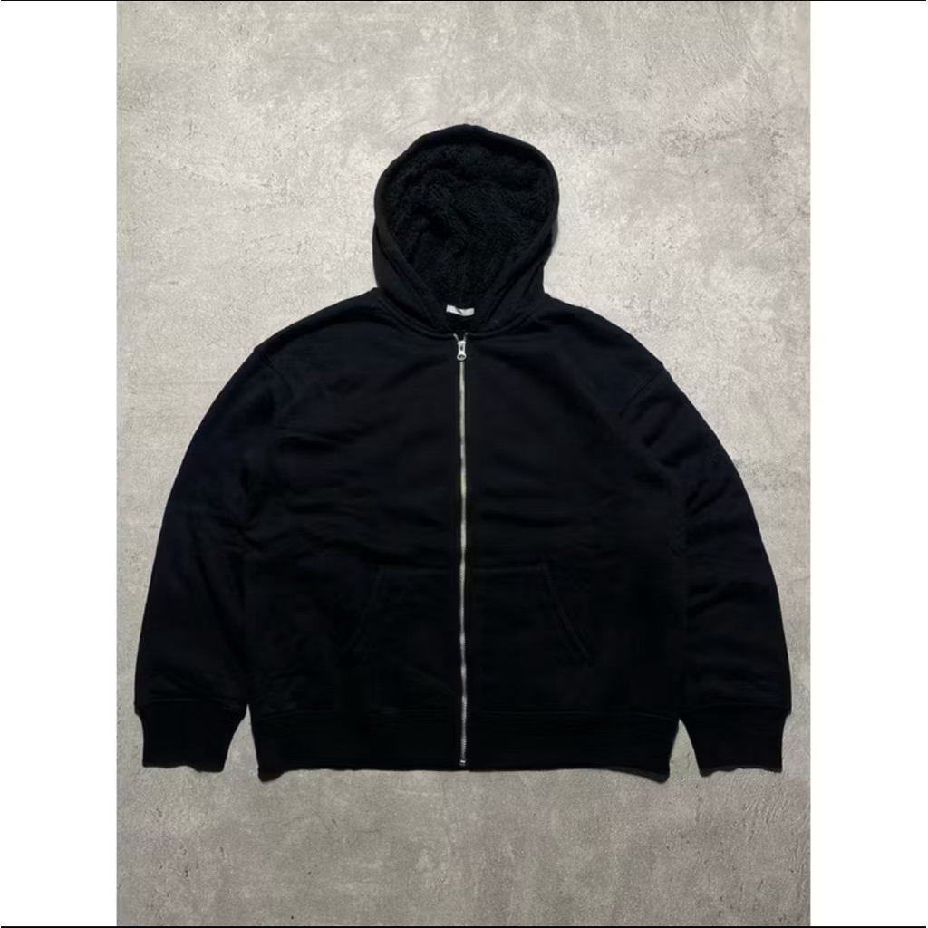 UNIQLO HOODIE Zipper  Sherpa Zip Black Hitam